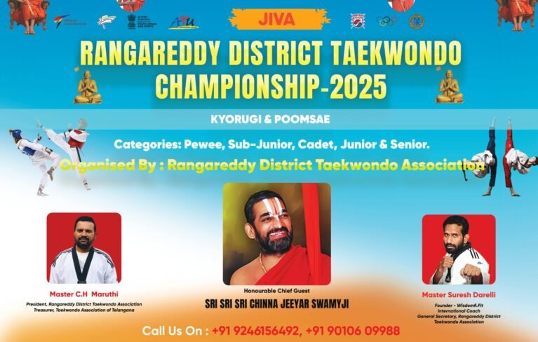 The Jiva Rangareddy District Taekwondo Championship 2025, held on 21st September 2025 at Jiva, Sri Ramanagaram, Muchintal Rd, P.O, Shamshabad, Palmakole, Hyderabad, Telangana, was a spectacular success — uniting over 300 talented young martial artists from across the district to showcase discipline, skill, and the true spirit of Taekwondo.